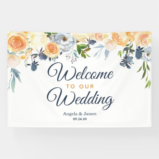 Koraalmarine Blue Waterverf Floral Welcome Wedding Spandoek (Horizontaal)