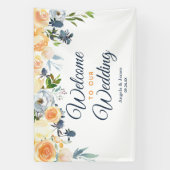 Koraalmarine Blue Waterverf Floral Welcome Wedding Spandoek (Verticaal)