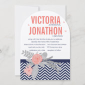 Koraalmarine en roze Zig Zag en Floral Wedding Kaart (Voorkant)