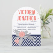 Koraalmarine en roze Zig Zag en Floral Wedding Kaart (Staand voorkant)