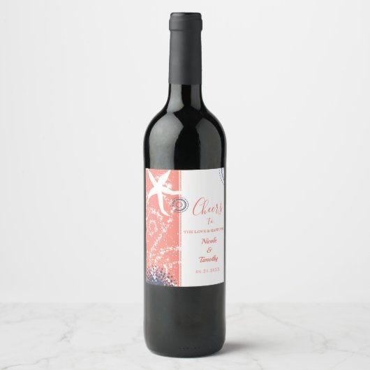 Koraalmarine White Beach Wedding Wijn Etiket (Voorkant)