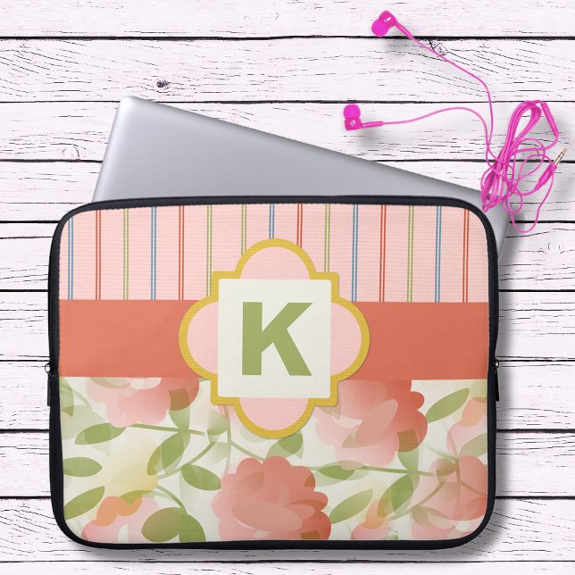Koraalmoes voor Floral Monogram laptop Laptop Sleeve (Creator heeft geüpload)