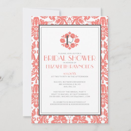 Koraalmonogram Damask Bridal Shower Invitations Kaart (Voorkant)