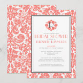 Koraalmonogram Damask Bridal Shower Invitations Kaart (Voorkant / Achterkant)