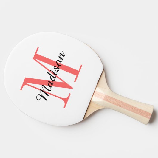 Koraalmonogram en naam op maat tafeltennisbatje (Zijkant)