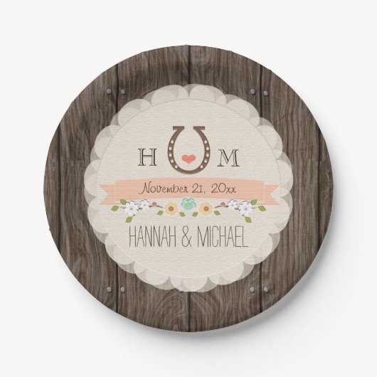 Koraalmonogrammed Hoefijzer Heart Wedding Papieren Bordje (Voorkant)