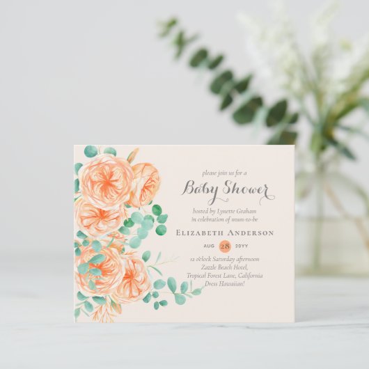 Koraalmunt Bloemige Baby Shower Uitnodigingen BEGR (Staand voorkant)