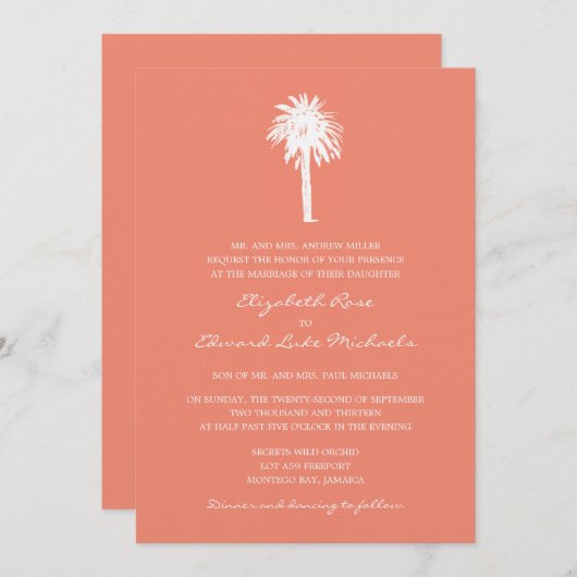 Koraalpalmbestemming bruiloft kaart (Voorkant / Achterkant)