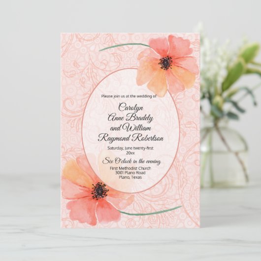 Koraalpapavers en bloeit bruiloft kaart (Staand voorkant)