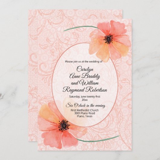 Koraalpapavers en bloeit bruiloft kaart (Voorkant / Achterkant)