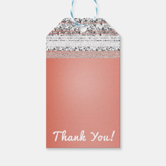 Koraalpeach afgedimd Chic Silver Bling Party Favor Cadeaulabel (Voorkant)