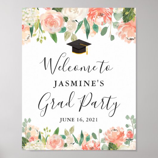 Koraalpeach Blush Floral Gradual Party Sign Poster (Voorkant)
