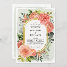 Koraalpeach Blush Floral Modern Gold Wedding   Kaart