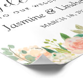 Koraalpeach Blush Floral Weddenschap Welkomstteken Poster (Hoek)