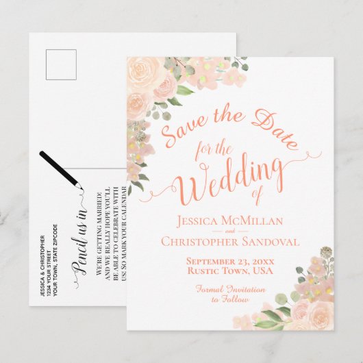 Koraalpeach Floral Boho Wedding Save the Date Aankondigingskaart (Voorkant / Achterkant)