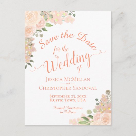Koraalpeach Floral Boho Wedding Save the Date Aankondigingskaart (Voorkant)
