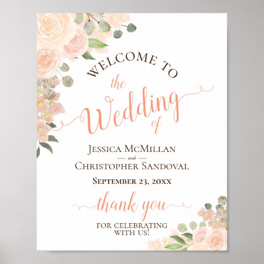 Koraalpeach Floral Elegant Wedding Welkomstteken Poster (Voorkant)