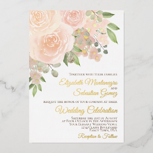 Koraalpeach Waterverf Floral Elegant Wedding Folie Uitnodiging (Voorkant)