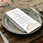 Koraalpeach Waterverf Floral Elegant Wedding Menu<br><div class="desc">Dit prachtige trouwmenu bevat een roestachtig boho-chic-ontwerp met een scriptkalligrafie en een cluster van handbeschilderde waterverf rozen, bloesems en groen in tinten van koraalperziken en bleek sinaasappel. De tekst is volledig aanpasbaar met ruimte voor de naam van het paar en de trouwdatum op de rug. Elegant, stijlvol en chic, deze...</div>