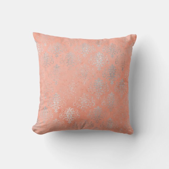 Koraalpeach zalm Damask Blush Silver Roos Floral Kussen (Voorkant)