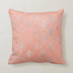 Koraalpeach zalm Damask Blush Silver Roos Floral Kussen