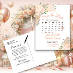 Koraalpekelverbinding opslaan kalender datum aankondigingskaart<br><div class="desc">Deze trouwe bruiloft Save the Date briefkaart is voorzien van een elegant bloemontwerp voor waterverven met prachtige handbeschilderde rozen en bloesems in koraalschoppen, perzik en licht sinaasappel. Er is een aanpasbare kalender waarop je de maand van je bruiloft kunt zien met een hart rond je speciale dag. Fashionable, bohemisch en...</div>