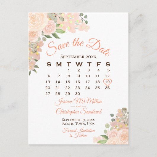 Koraalpekelverbinding opslaan kalender datum aankondigingskaart (Voorkant)