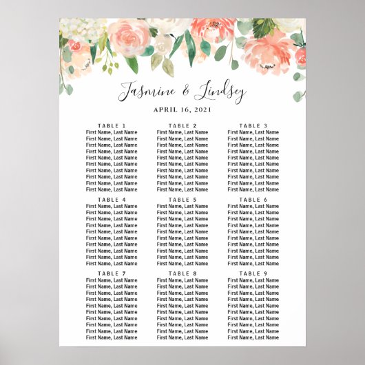 Koraalpervlakte 9 Tables Wedding Seding Chart Poster (Voorkant)