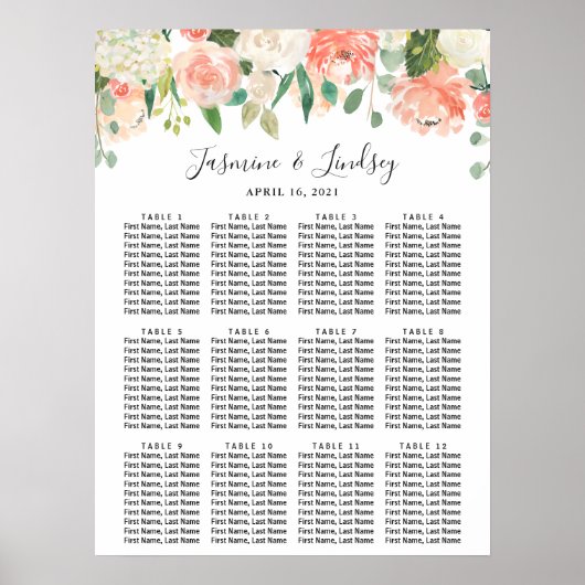 Koraalperwit Floral Wedding Seating Chart Poster (Voorkant)