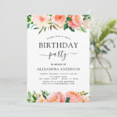 Koraalperzik Bloemen Verjaardagsfeest Uitnodiging (Staand voorkant)