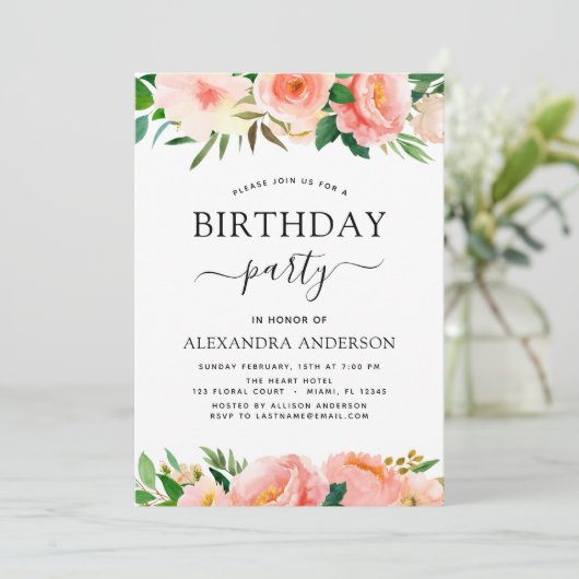 Koraalperzik Bloemen Verjaardagsfeest Uitnodiging (Staand voorkant)