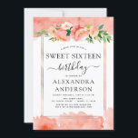 Koraalperzik Bloemenzoet zestien 16 jarig Kaart<br><div class="desc">Roos Gold Geometric met koraal,  perzik en wit Bloemen en Eucalyptus Greenery Botanische Lente of Zomerpastel Sweet Sixteen (16e) Verjaardagsfeest Uitnodigingen - bevat prachtige en elegante script typografie met moderne botanische bloemen en groen voor de speciale Verjaardagsviering.</div>