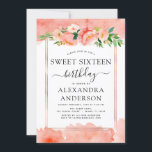Koraalperzik Bloemenzoet zestien 16 jarig Kaart<br><div class="desc">Roos Gold Geometric met koraal,  perzik en wit Bloemen en Eucalyptus Greenery Botanische Lente of Zomerpastel Sweet Sixteen (16e) Verjaardagsfeest Uitnodigingen - bevat prachtige en elegante script typografie met moderne botanische bloemen en groen voor de speciale Verjaardagsviering.</div>