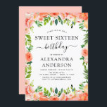 Koraalperzik Bloemenzoet zestien 16 jarig Kaart<br><div class="desc">Koraal,  Perzik en witte Bloemen en Eucalyptus Greenery Botanische Lente of Zomer Pastel Sweet Sixteen (16e) Verjaardagsfeest Uitnodigingen - omvat mooie en elegante script typografie met moderne botanische bloemen en groen voor de speciale Verjaardagsviering.</div>