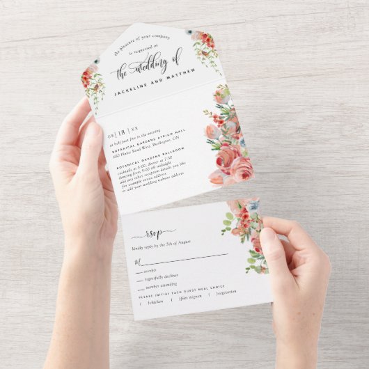 Koraalperzik en crème Floral Wedding Tear Off RSVP All In One Uitnodiging (Afscheurbaar)