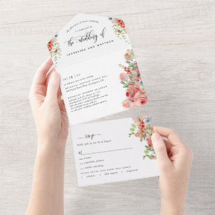Koraalperzik en crème Floral Wedding Tear Off RSVP All In One Uitnodiging