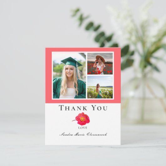 Koraalperzik Modern Floral Photo Collage Afstudere Bedankkaart (Staand voorkant)