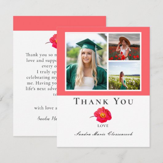 Koraalperzik Modern Floral Photo Collage Afstudere Bedankkaart (Voorkant / Achterkant)