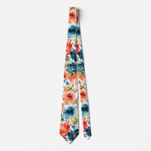 Koraalperzik Navy Blue Rozen Bloemen Stropdas (Voorkant)