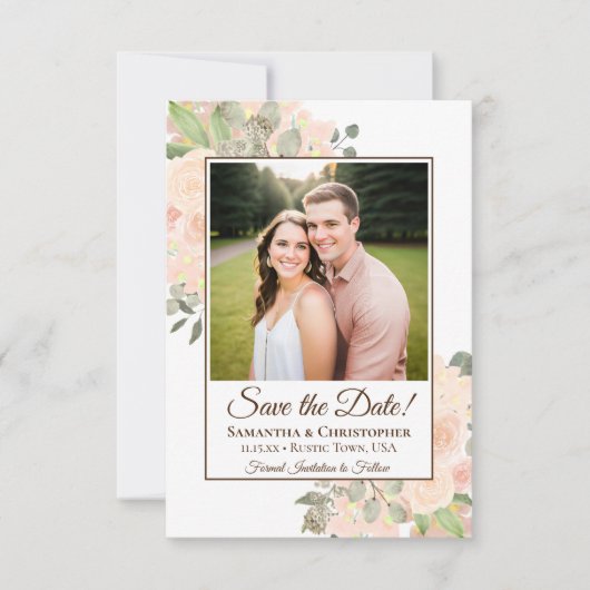 Koraalperzik Waterverf Boho Floral Fotobruiloft Save The Date (Voorkant)