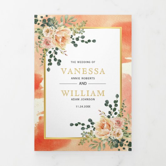 Koraalperzikbloemen, bladeren met een bloeiend win drieluik uitnodiging (Cover)