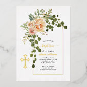 Koraalperzikbloemen en goudmakreel folie uitnodiging (Voorkant)