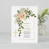 Koraalperzikbloemen en goudmakreel folie uitnodiging (Staand Voorkant)