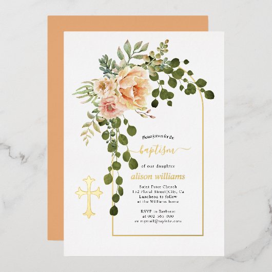 Koraalperzikbloemen en goudmakreel folie uitnodiging (Voorkant / Achterkant)