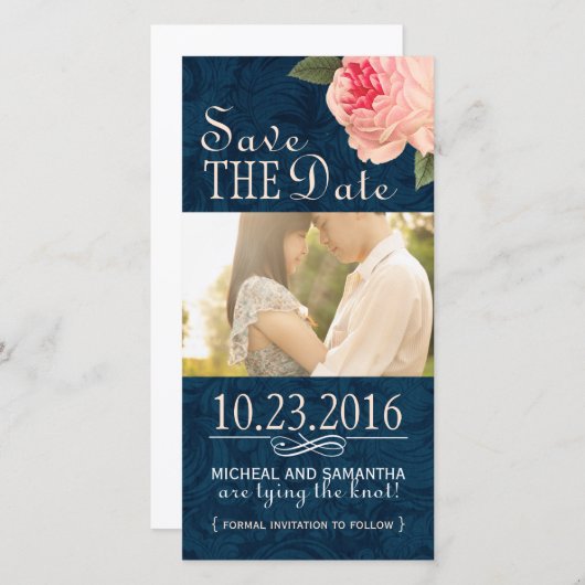 Koraalpioen en marine slaan de datumfotokaarten op save the date (Voorkant / Achterkant)