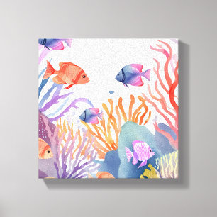 Koraalrif   Aquarel Kleurrijke Vissen Oceaan Canvas Afdruk