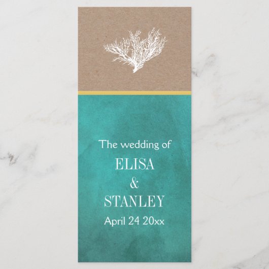 Koraalrif blauwgroen kraft papier strand bruiloft  programmakaart (Voorkant)