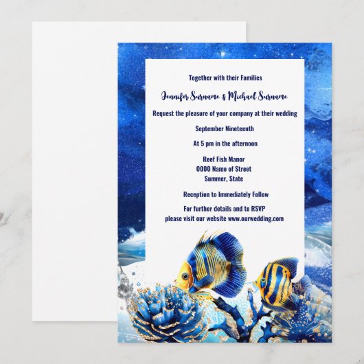 Koraalrif chic blauw goud vlinder vis strand kaart (Voorkant / Achterkant)