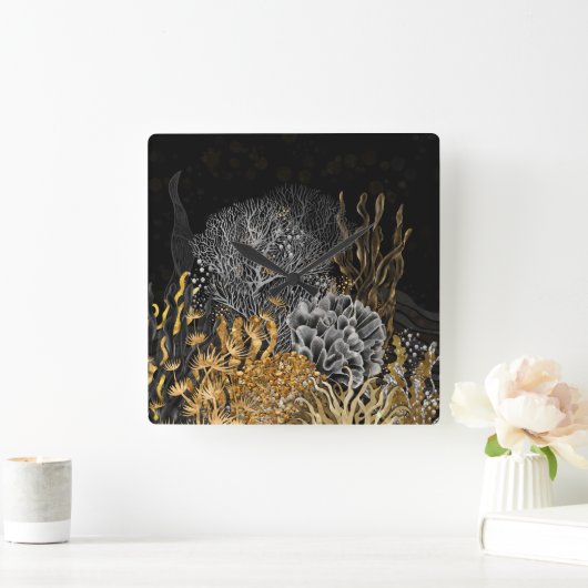 Koraalrif - Goud en Parel Symfonie Vierkante Klok (Huis)