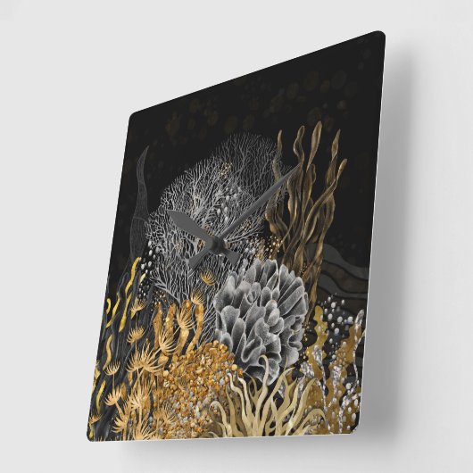 Koraalrif - Goud en Parel Symfonie Vierkante Klok (Hoek)